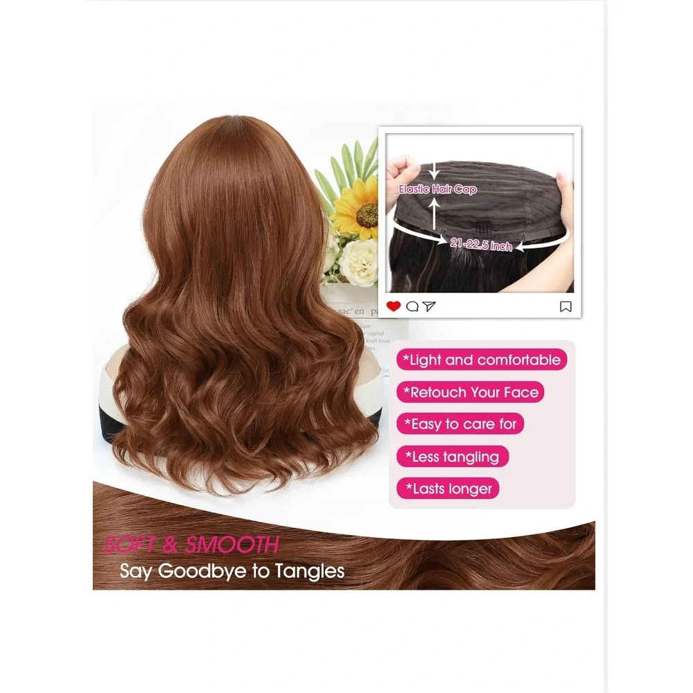 Auburn Medium Length Wavy Wig 18 In Middle Part Synthetic Hair Natural Hairline